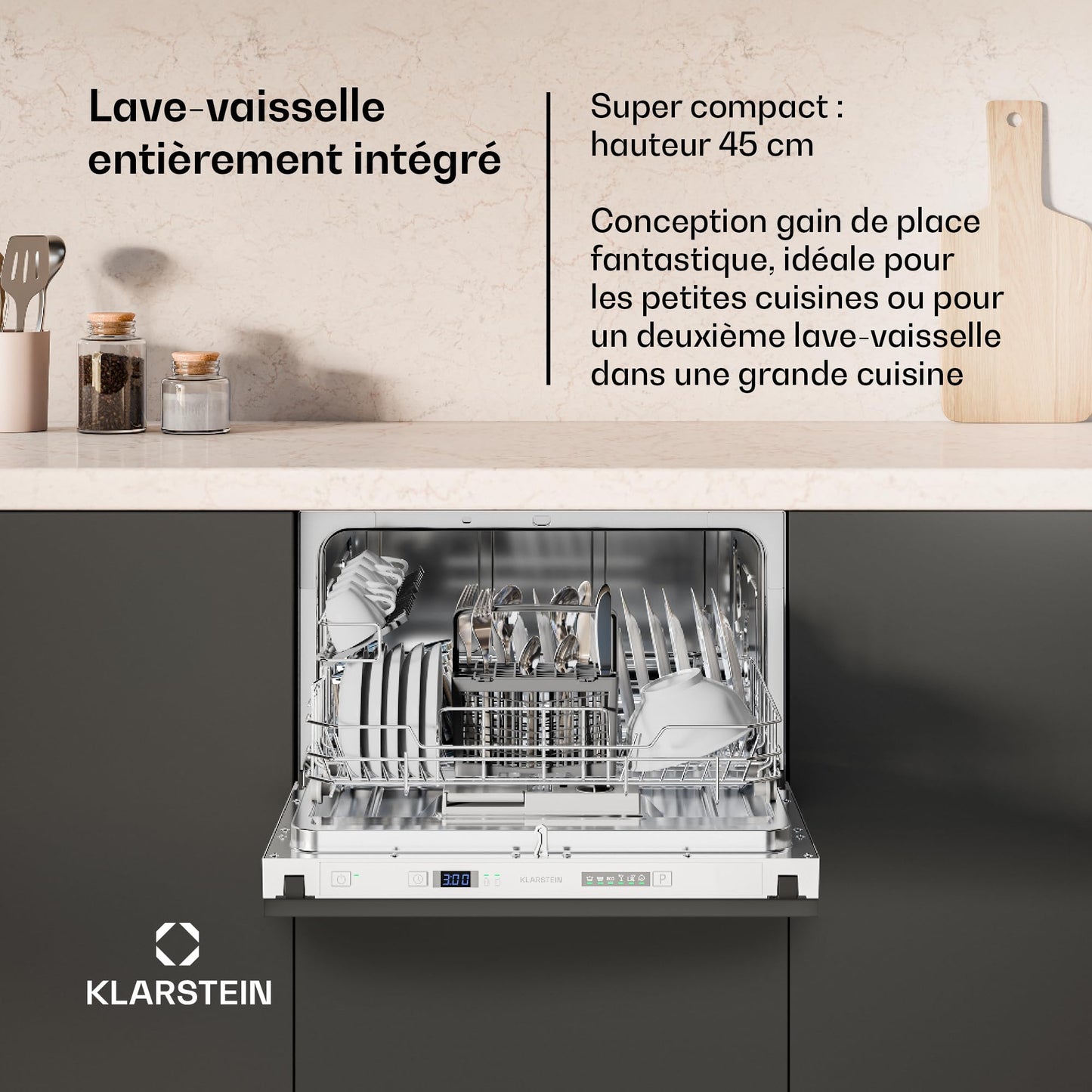 Klarstein Lave Vaisselle Encastrable - Compact 45 cm, 6 Couverts, Programme UV Hygiène, AquaStop Sécurité, Classe Énergie D, Silencieux 47 dB, Commande Intuitive