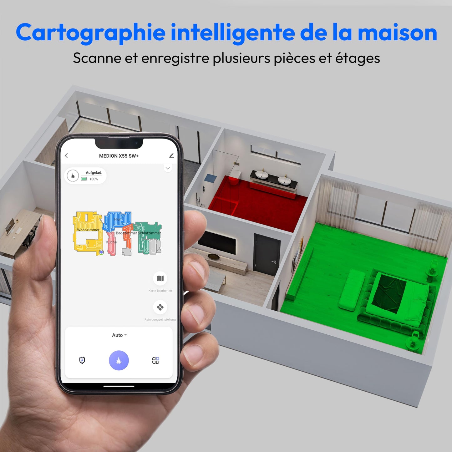 MEDION Robot aspirateur avec Station 3-en-1, Navigation Laser et Fonction serpillère X55 SW+ (Puissance d’Aspiration 10.000 Pa, brosses rotatives, Las