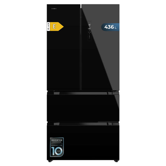 Cecotec Refrigerateur Congelateur 4 Portes Française Bolero CoolMarket FD 436 Black Glass E. Réfrigérateur 436L, verre noir, Total No Frost, MultiAirFlow, Inverter Plus, mode Vacances et alarmes