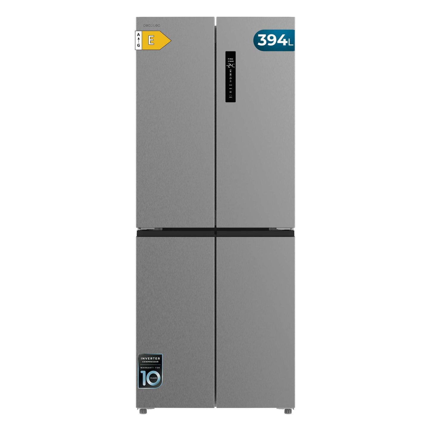 Cecotec Réfrigérateur 4 Portes Total No Frost Bolero CoolMarket 4D 394 Inox E,394 Litres, Hauteur 170 cm et 70 cm Largeur, Tiroir Température Variable, Compresseur Inverter, ATT Antibactérien
