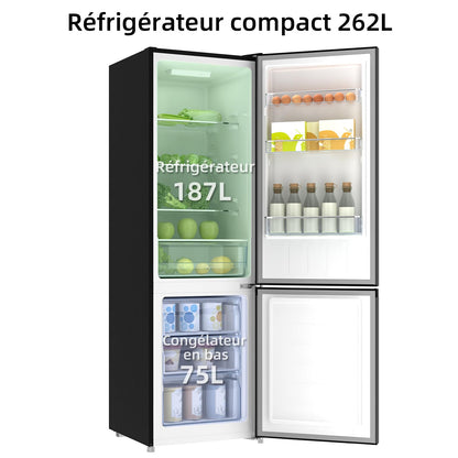 CHIQ Réfrigérateur congélateur bas FBM260L 262L (187+75), Low frost, Acier inoxydable, Portes réversibles, 39 db, 12 ans de garantie sur le compresseu
