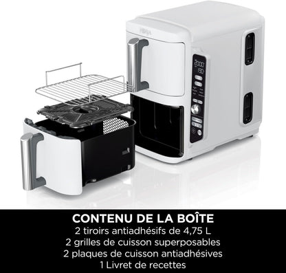 NINJA Double Stack XL Air Fryer, Friteuse sans huile Verticale Double Tiroir 4 Niveaux de Cuisson, 2 Tiroirs, 2 Grilles, Capacité de 9,5 L, 6 Fonctions, 8 Portions, Pinces, Blanc SL400EUWH
