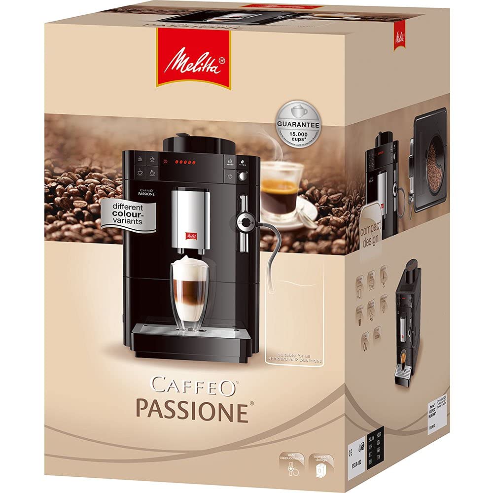 Melitta Passione F530-102 Cafetière automatique avec moulin à café en grains, système de lait, nettoyage automatique, personnalisable, 15 bars, noir (reconditionné)