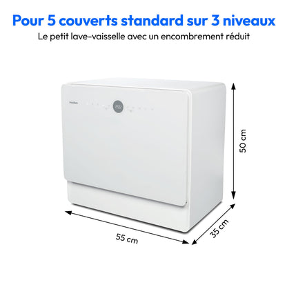 MEDION Mini lave-vaisselle DWT50 (lave-vaisselle de table, lave-vaisselle, 5 couverts, fonctionne avec/sans raccordement à l'eau, fonction seau, 35 cm