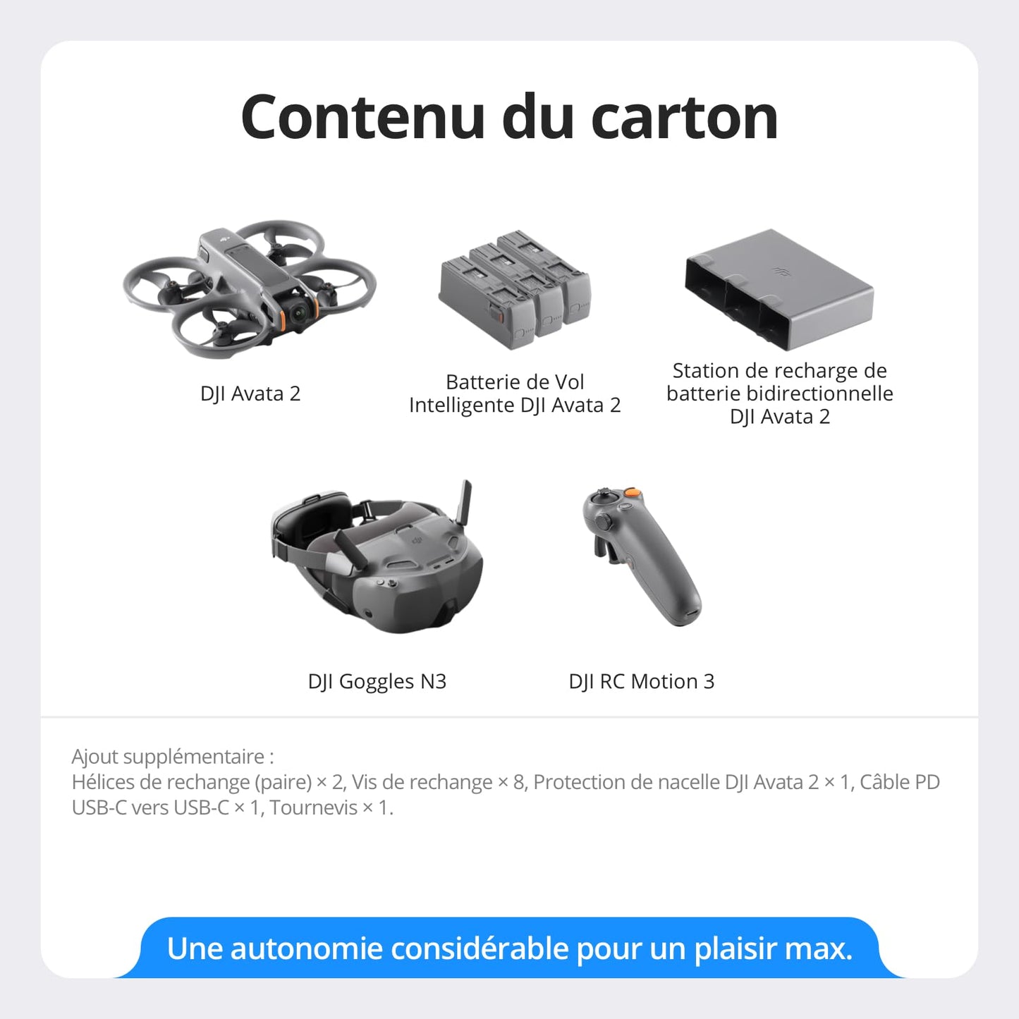 Bundle Fly Smart DJI Avata 2 (trois batteries), drone FPV avec caméra 4K, expérience immersive, protection d’hélice intégrée, FOV de 155°, drone caméra avec Goggles N3 et RC Motion 3