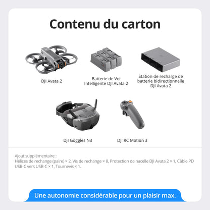 Bundle Fly Smart DJI Avata 2 (trois batteries), drone FPV avec caméra 4K, expérience immersive, protection d’hélice intégrée, FOV de 155°, drone caméra avec Goggles N3 et RC Motion 3