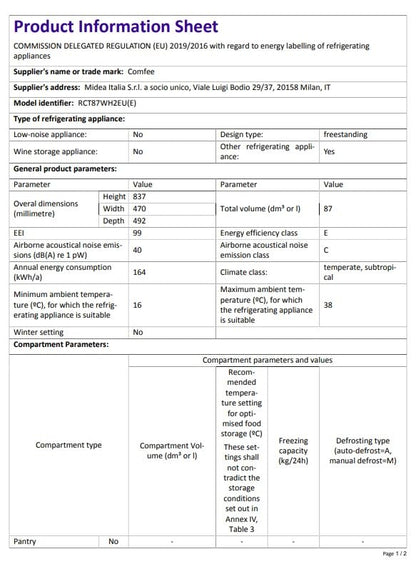 COMFEE' RCT87WH2(E) Réfrigérateur Congélateur Sous Plan, Petit Réfrigérateur Congélateur 87L avec Éclairage, Étagères Amovibles, Thermostats Réglables, Portes Réversibles, Blanc [Classe Énergétique E]