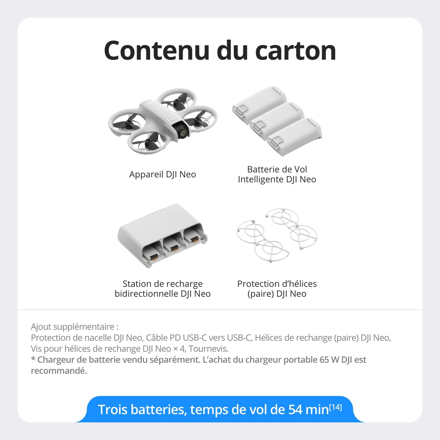 Bundle Trois Batteries DJI Neo, Mini Drone avec Caméra 4K UHD pour Adultes, Drone Suiveur qui Vole Seul de 135 g, Décollage du Creux de la Main, Suivi de Sujet, QuickShots, (sans Contrôleur)