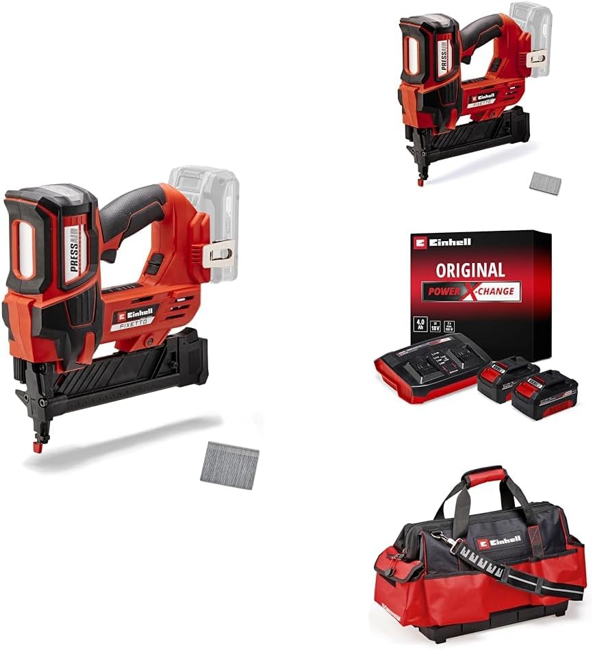 Einhell Professional Pack 2 machines sans fil - Power X-Change (Cloueuse FIXETTO 18/50 N, Agrafeuse FIXETTO 18/38 S) + Twincharger et 2 Batteries 4,0A