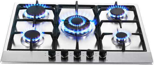 SNDOAS Plaque de Cuisson Gaz 5 Feux, Plaque Gaz avec Panneau en Acier Inoxydable, Sécurité Thermocouple, Convient pour le Gaz Naturel/Propane, 68cm, 10480 W, 220-240 V