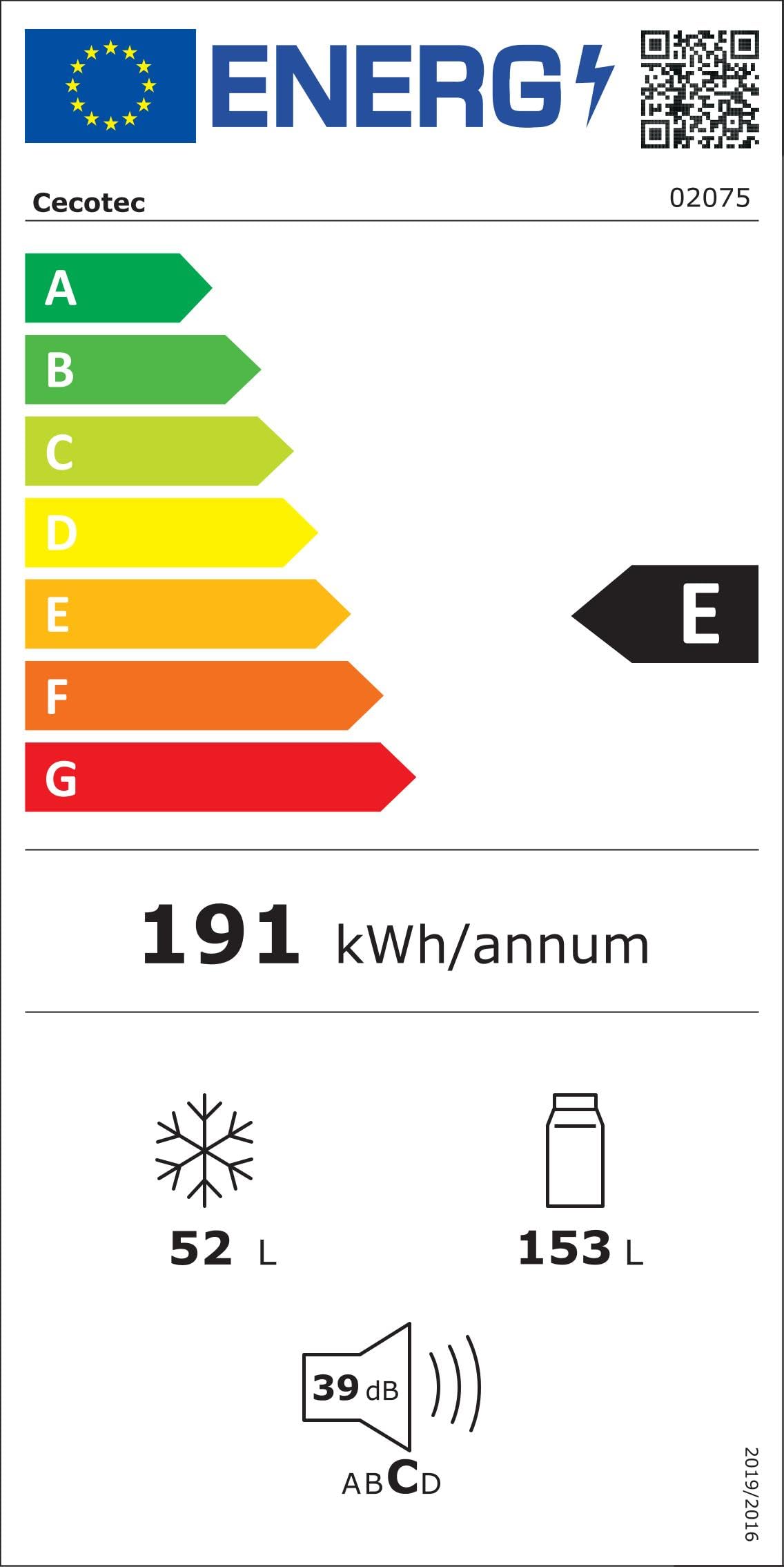Cecotec Réfrigérateur combinés Bolero CoolMarket Combi 205 DF Black. 117L, 169x54cm, Defrost, Classe E, Fast Cooling.