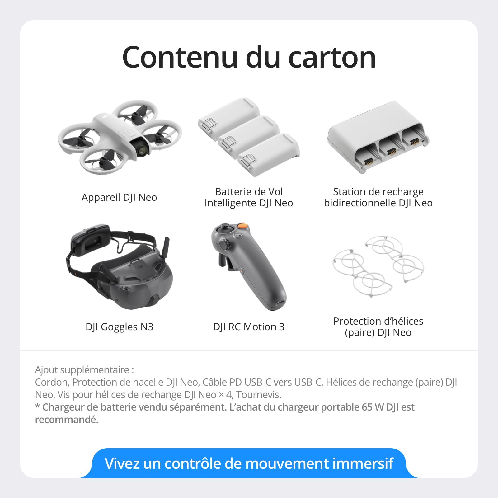 Bundle Motion Fly More DJI Neo, Mini Drone avec Caméra 4K UHD pour Adultes, Drone Suiveur qui Vole Seul de 135 g, Décollage du Creux de la Main, Suivi de Sujet, avec RC Motion 3 et 3 Batteries