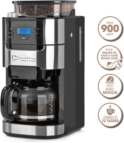 Barista Kaffee & Technik Cafetière Filtre avec verseuse erseuse en verre 1L pur 12 tasses de café, Machine a cafe grain avec broyeur et écran digital, Fonction de minuterie