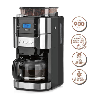 Barista Kaffee & Technik Cafetière Filtre avec verseuse erseuse en verre 1L pur 12 tasses de café, Machine a cafe grain avec broyeur et écran digital, Fonction de minuterie