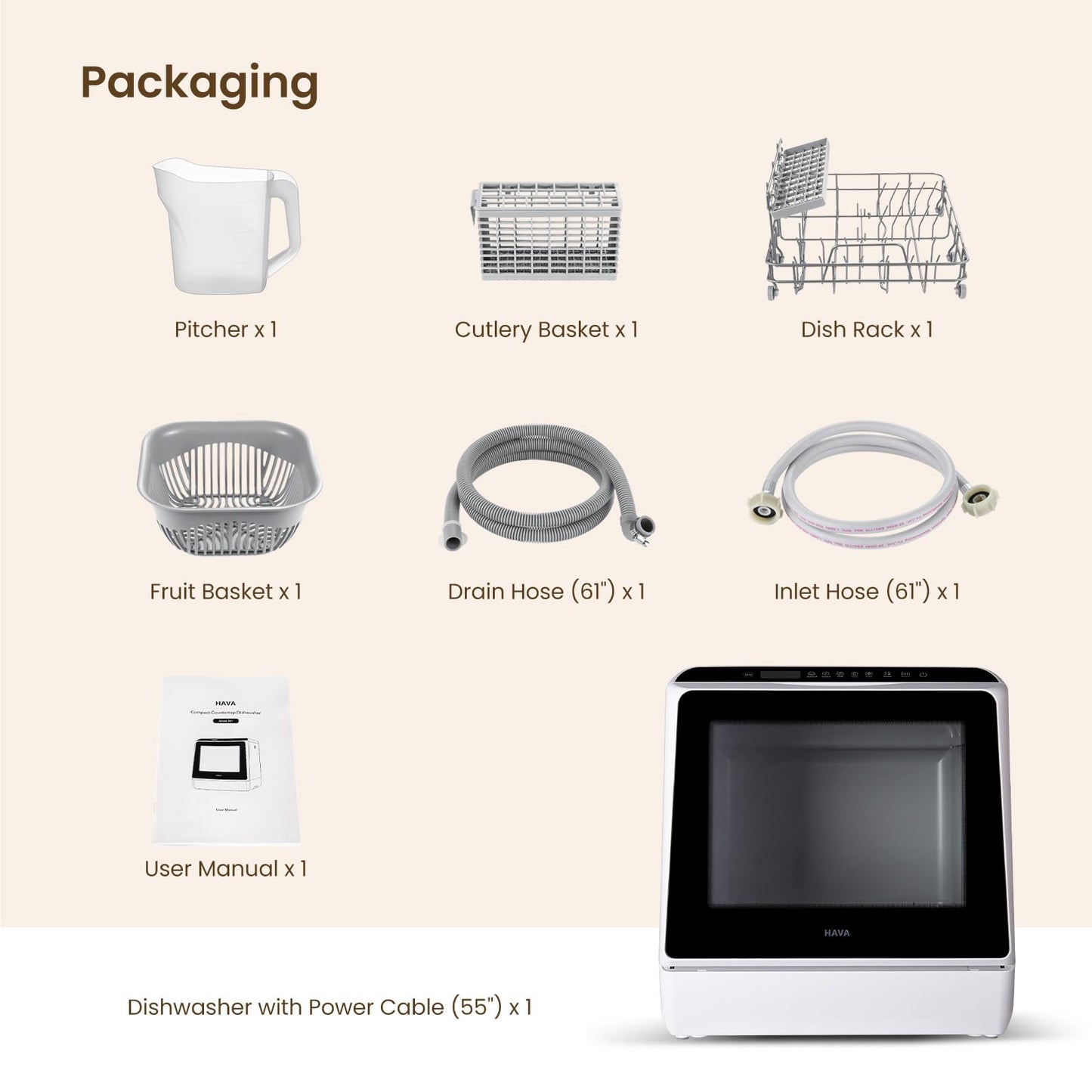 HAVA mini lave vaisselle, 6 programmes portables avec réservoir d'eau intégré de 5 L, aucun branchement nécessaire, fonction de soin de bébé et de séchage à l'air pour appartements et camping-cars