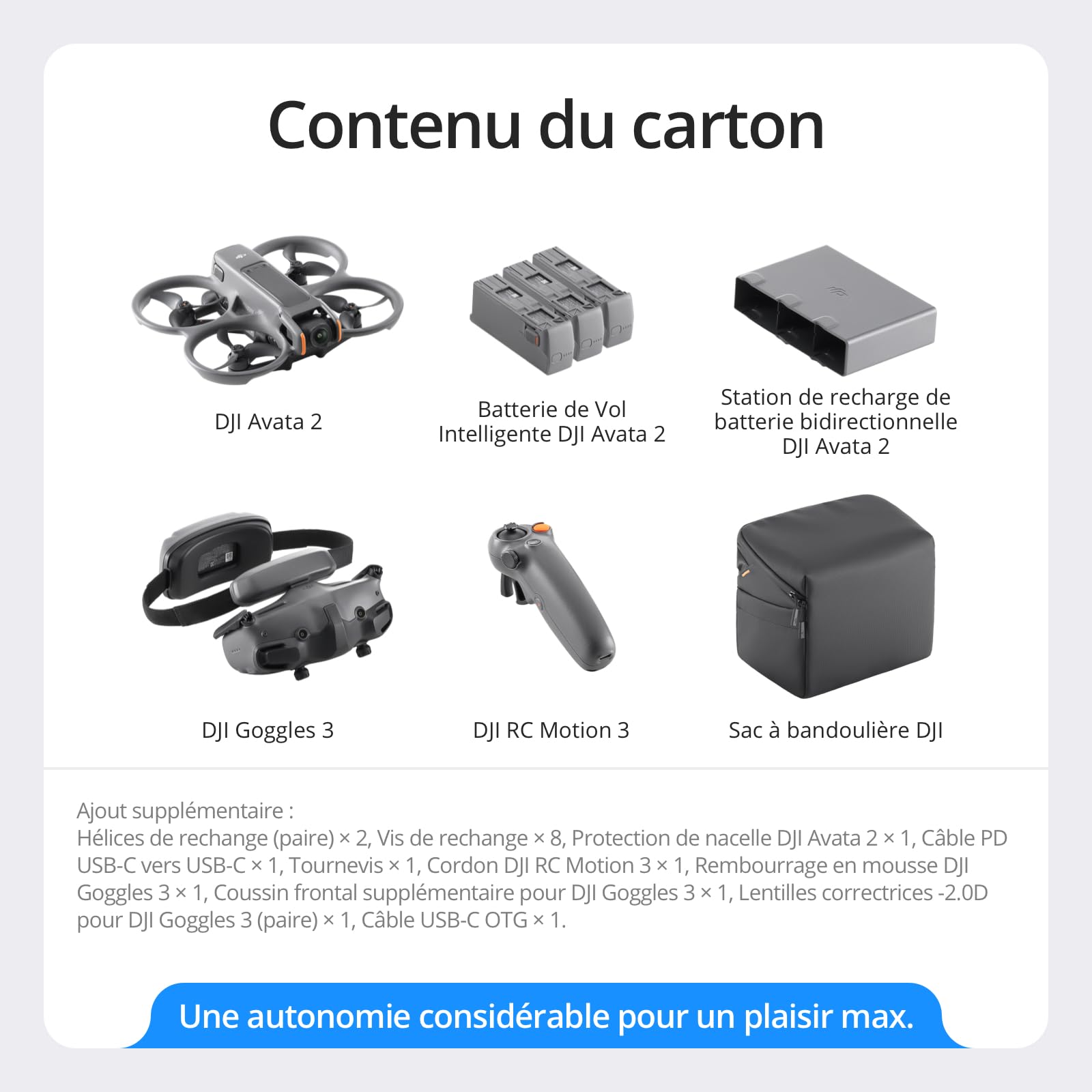 DJI Bundle Fly More Avata 2 (Trois Batteries), Drone FPV avec Caméra 4K, Acrobaties en Une Touche, Protection d’hélice intégrée, Drone Caméra avec Goggles 3 et RC Motion 3