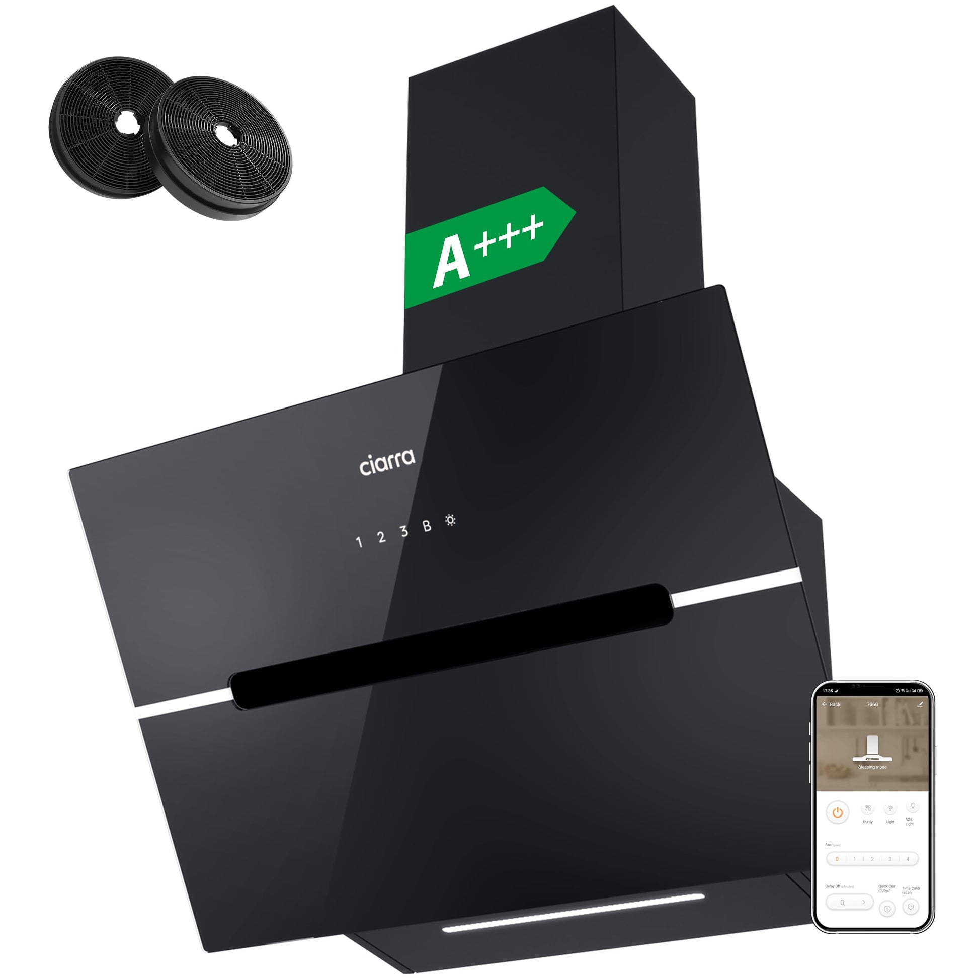 Ciarra CBCB6736F Classe A+++ Hotte Aspirante Inclinée 60cm - 650m³/h - Commande Tactile & Wi-Fi - Fonction Boost - Design en Verre Élégant - Noir