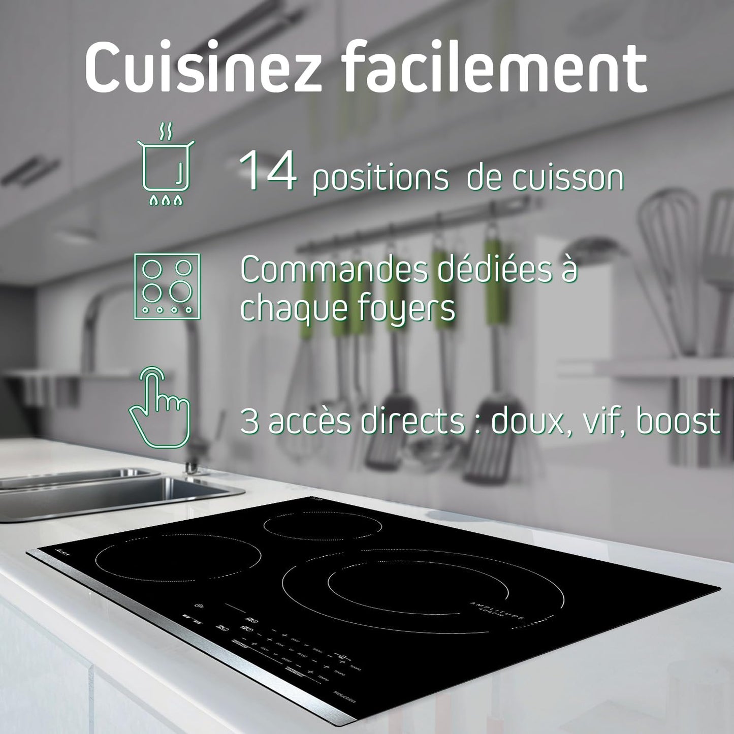 Sauter - SPI4664B - Plaque Induction - Table de Cuisson Encastrable - Noir - 4 Foyers - 7200W - Dimensions Encastrement : 56x49cm - Espace Grand Plat - Fabriqué en France