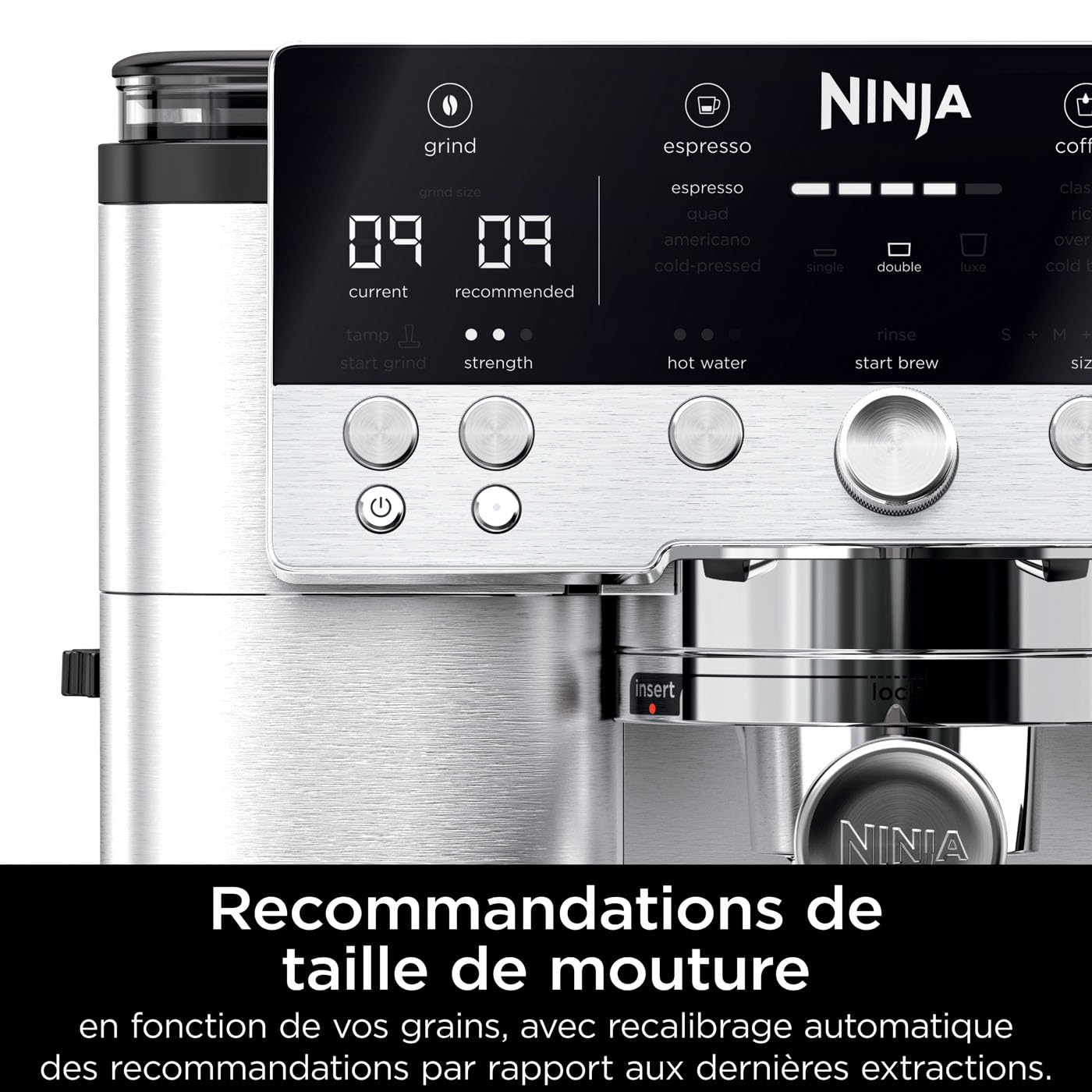 NINJA Machine à café Luxe Premier 3-en-1, Latte, Cappuccino, Infusion à froid et Espresso avec broyeur à grains et mousseur à lait intégrés, facile à utiliser, 4 préréglages mousse, argent, ES601EU
