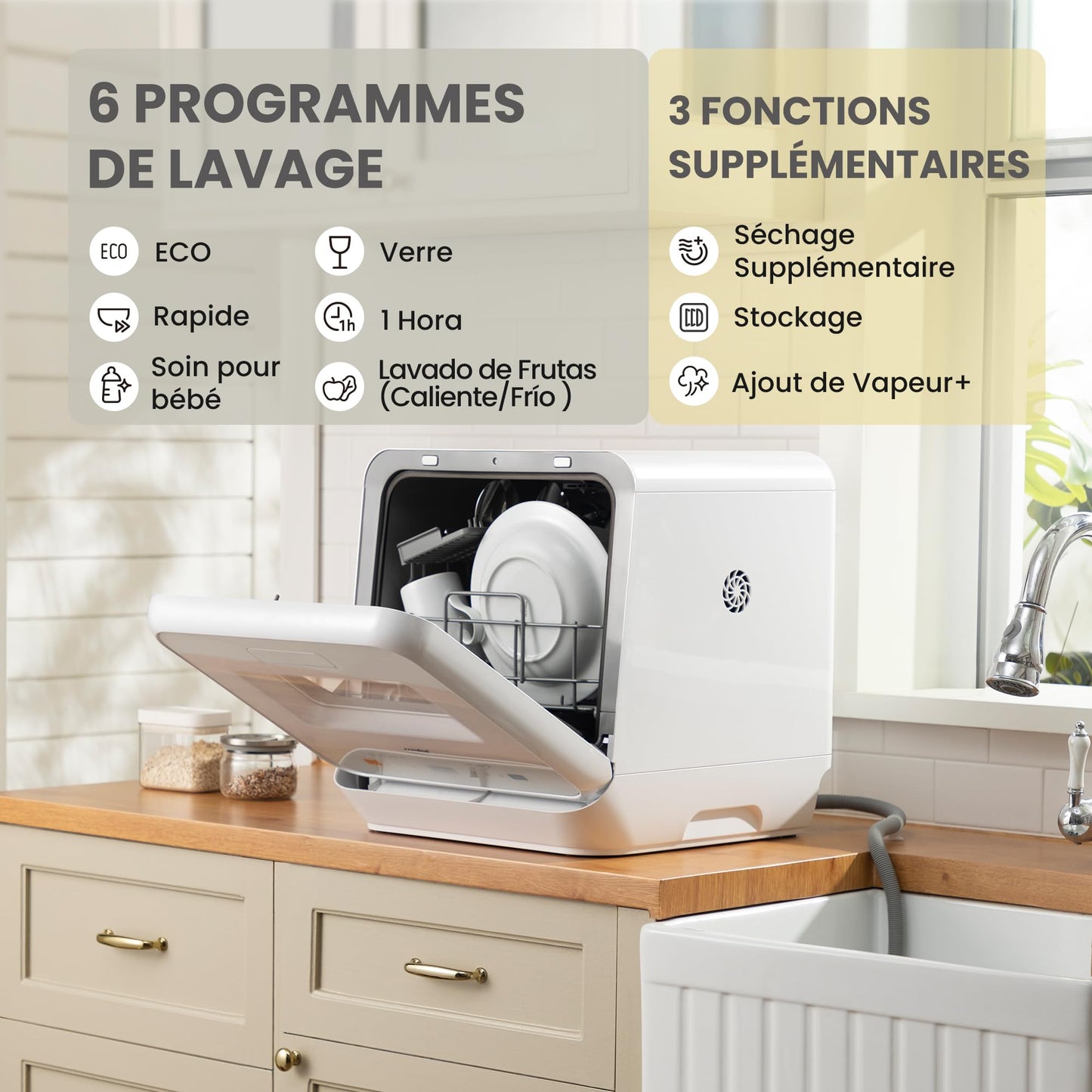 COMFEE' Lave-vaisselle de comptoir, mini lave-vaisselle de table avec 6 programmes, lavage à la vapeur,Soins pour bébé et lavage des fruits, sans plom