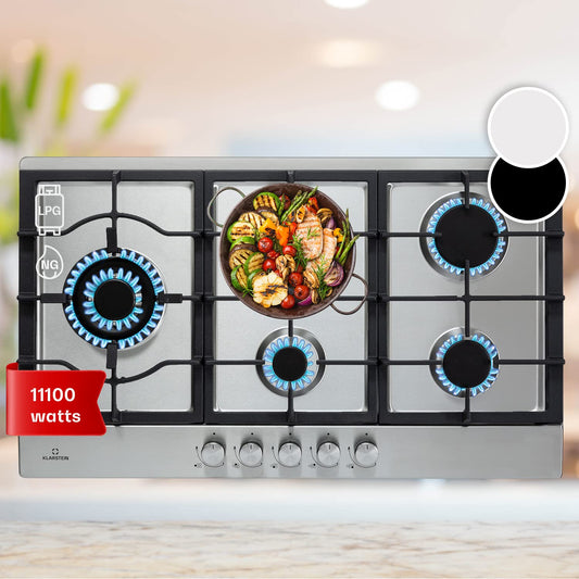 Klarstein Tables de Cuisson à Gaz, Plaque de Cuisson , Encastrable à 5 Feux de 11100W, Cuisiniere Gaz, Gaziniere avec Brûleurs en Acier Inoxydable, Cuisinières GPL