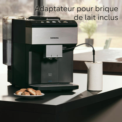 Siemens, machine à café tout automatique, EQ500, Home Connect, aromaDouble Shot, autoMilk Clean, ceramDrive, bandeau avec écran coffeeSelect, oneTouch DoubleCup, Inox/Noir, TP516RX3