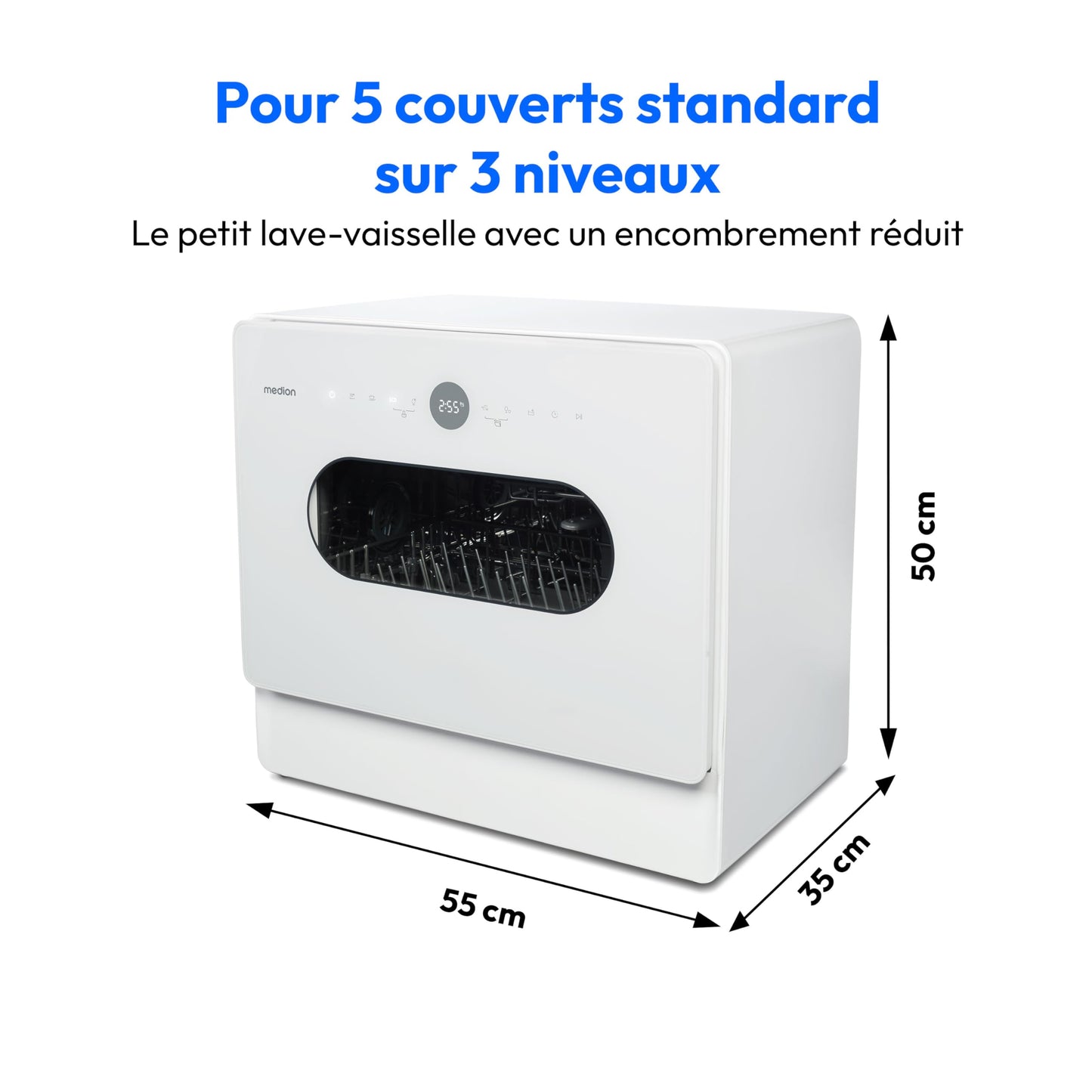 MEDION Mini lave-vaisselle DWT51 (lave-vaisselle de table avec panneau de commande tactile, fonction seau, 5 couverts, fonctionne avec/sans raccordement à l'eau, 7 programmes de nettoyage, départ diff