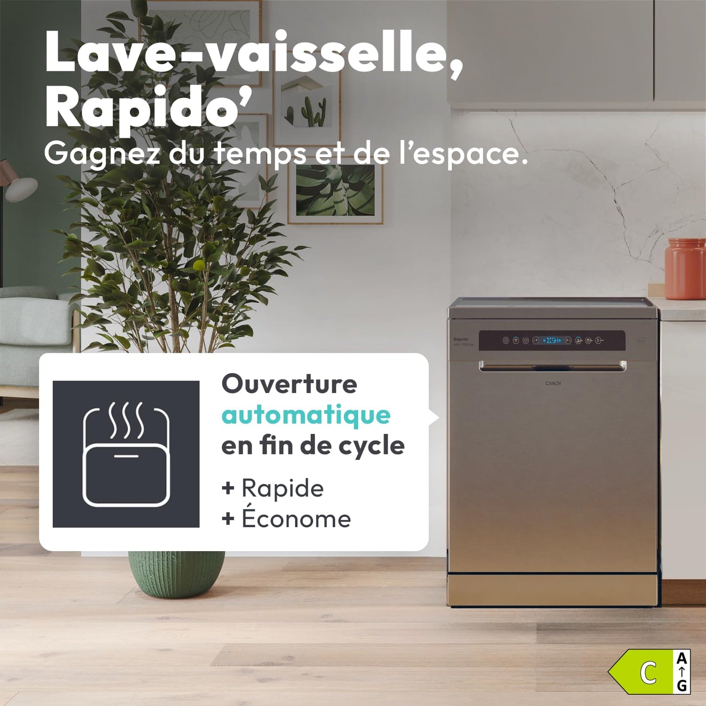 CANDY - Lave-Vaisselle - Pose Libre - 14 Couverts - Classe Énergétique C - Maxi Cuve, Wash & Dry 35 min, Ouverture Automatique, Contrôle à Distance - Inox - 60 x 82 cm - Modèle CF 4C6F0X