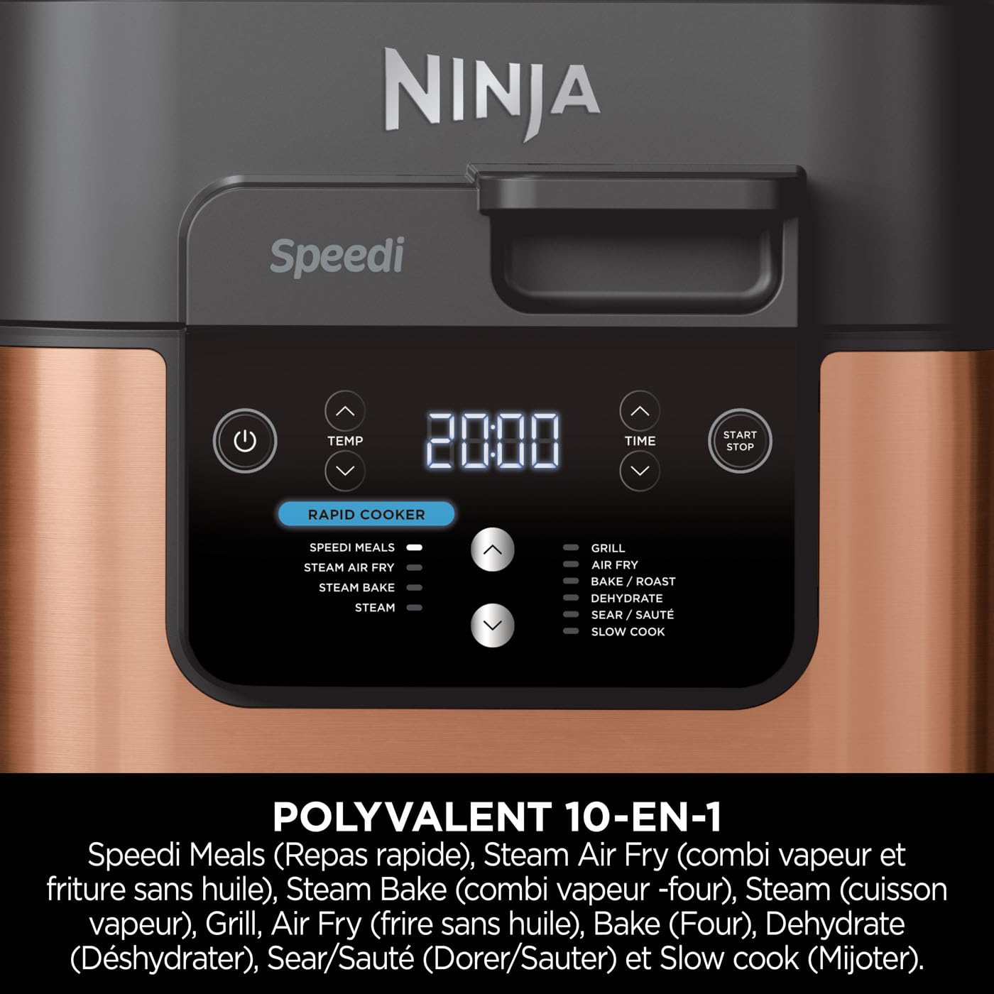 Ninja Speedi 10-en-1 Autocuiseur rapide, Air Fryer, Friteuse à air et Multicuiseur, 5.7L, Repas pour 4 en 15 minutes, Vapeur, Gril, Cuire au four, Rôtir, Mijoter et plus, Noir et Cuivre ON400EUCP