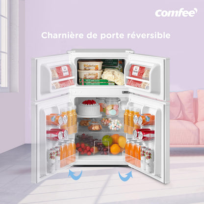 COMFEE' RCT87WH2(E) Réfrigérateur Congélateur Sous Plan, Petit Réfrigérateur Congélateur 87L avec Éclairage, Étagères Amovibles, Thermostats Réglables, Portes Réversibles, Blanc [Classe Énergétique E]