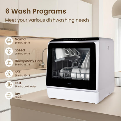 HAVA mini lave vaisselle, 6 programmes portables avec réservoir d'eau intégré de 5 L, aucun branchement nécessaire, fonction de soin de bébé et de séchage à l'air pour appartements et camping-cars
