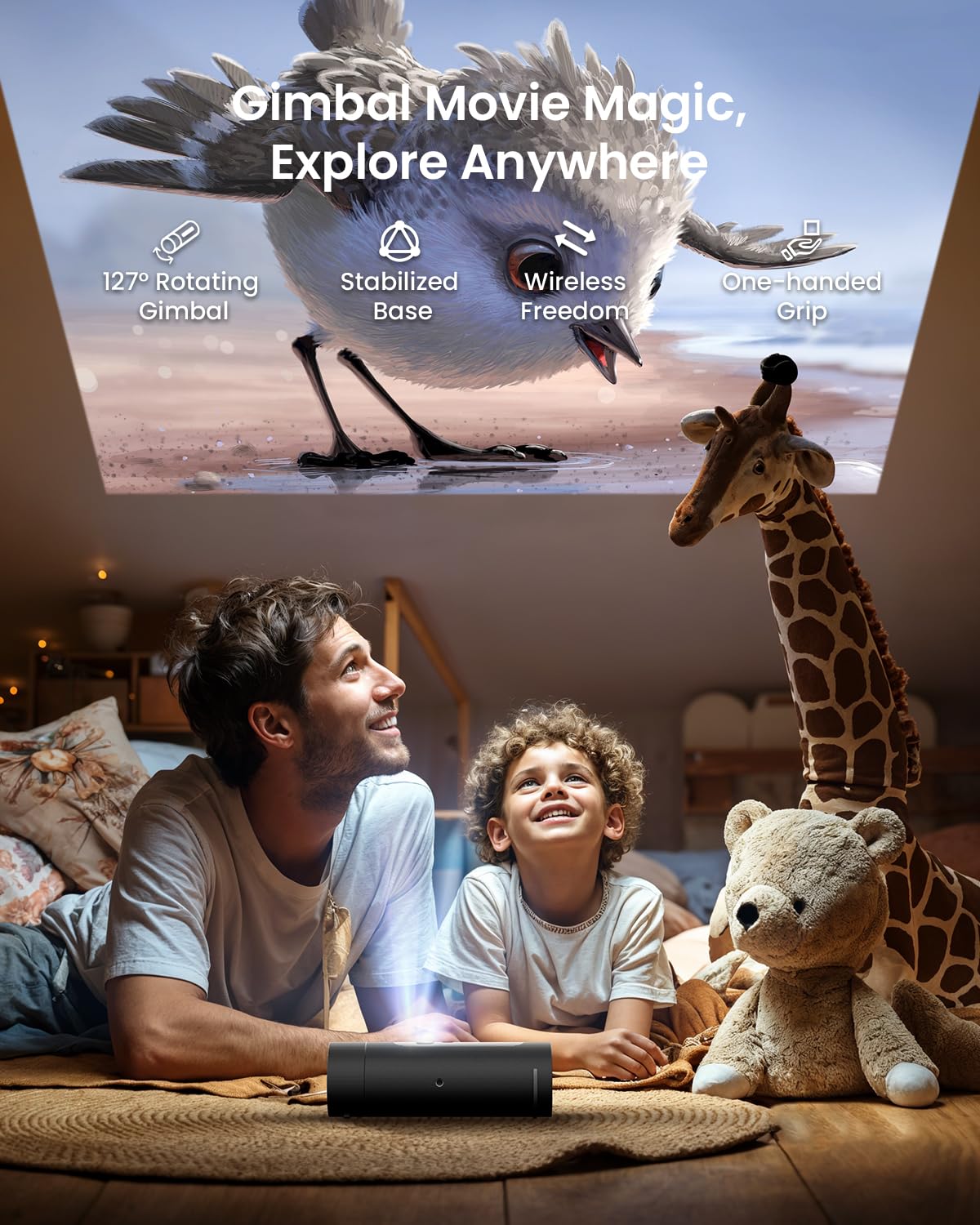 JMGO PicoFlix Mini Videoprojecteur Portable Extérieur avec Google TV, Netflix, 1080P, 420 ISO Lumens, Batterie de 4,5 Heures, Vidéoprojecteur Home Cinéma 200", HDR10, Gimbal, Haut-parleurs 10W
