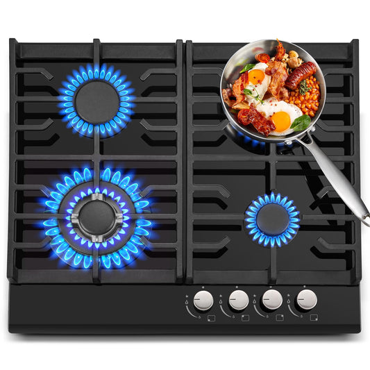 TopStrong Plaque de Cuisson Gaz 4 Feux, 60cm Plaque Gaz 4 Feux avec Supports en Fonte, Encastrable Table de Cuisson, Convertible NG/LPG, Protection Contre la Flamme, Noir Verre