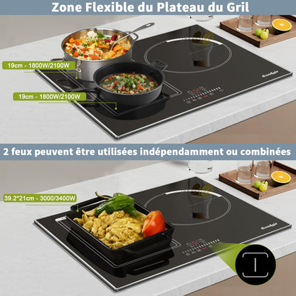 Cooksir Plaque Induction 3 Feux avec Cadre, Table de Cuisson Induction 60cm Encastrable, 6800W, Commande Tactile à Curseur, Bord Inox, Zone Flexibles pour le Grille, Sans Fiche, 240V