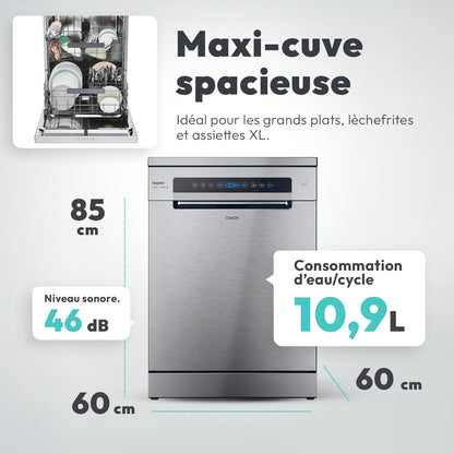 CANDY - Lave-Vaisselle - Pose Libre - 14 Couverts - Classe Énergétique C - Maxi Cuve, Wash & Dry 35 min, Ouverture Automatique, Contrôle à Distance - Inox - 60 x 82 cm - Modèle CF 4C6F0X