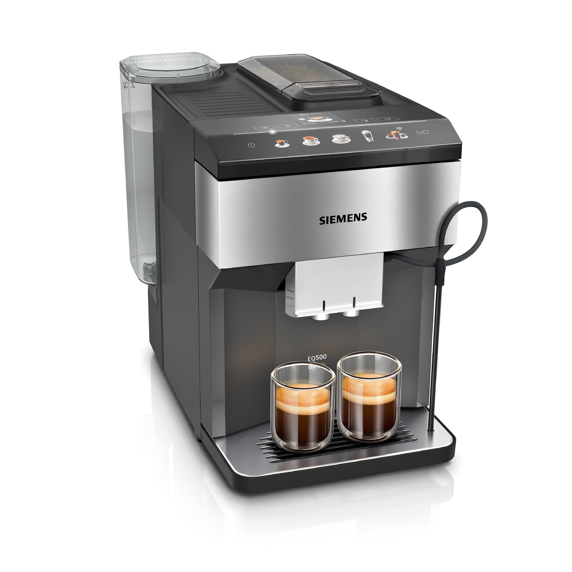 Siemens, machine à café tout automatique, EQ500, Home Connect, aromaDouble Shot, autoMilk Clean, ceramDrive, bandeau avec écran coffeeSelect, oneTouch DoubleCup, Inox/Noir, TP516RX3