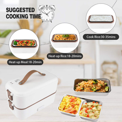 Self Cooking Electric Lunch Box, Toursion Mini Rice Cooker, 2 couches Steamer Lunch Box for Home Office School Travel Cook Raw Food, 800 ML/110 V (Only the Wall PLUG)