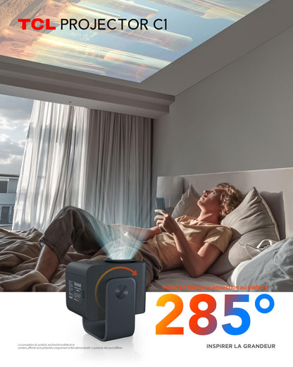 TCL C1 Videoprojecteur 4K Compatibilité, Natif 1080P, Audio Dolby 8 W, Netflix Certifié, Smart Google TV Intégré, Auto Focus/Keystone, Wi-FI Bluetooth, Pivotant à 285° Mini Projecteur Video Portable