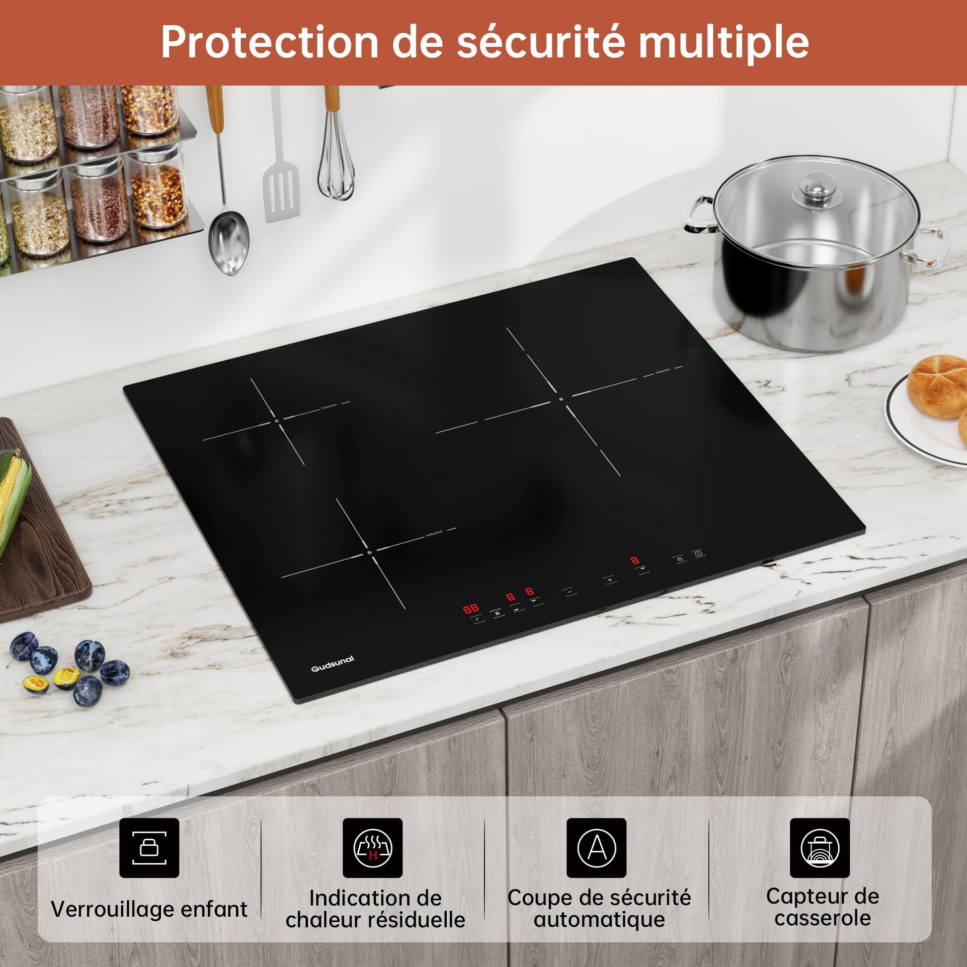 Gudsunal Plaque induction 3 feux, Table de Cuisson Encastrable,7200W, 9 niveaux de chauffage,Boost, Minuterie, Arrêt automatique, Verrouillage de sécurité enfant