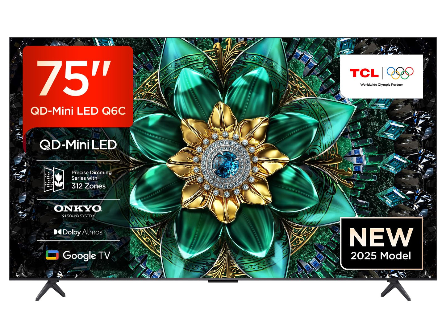TCL 75Q6C QD-Mini LED TV, 4K HDR Premium 1000nits, Smart TV alimenté par Google (Dolby Vision IQ et Atmos, système Audio Onkyo 2.1, Motion Clarity Pro 144Hz, contrôle Vocal Mains Libres)