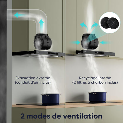 CIARRA CBCB6909A Classe A+ Hotte Télescopique Encastrable 60 cm 600 m³/h, Commande Tactile, 3 Vitesses, Recyclage & Evacuation, Filtre à Charbon CBCF055 Inclus, Noire
