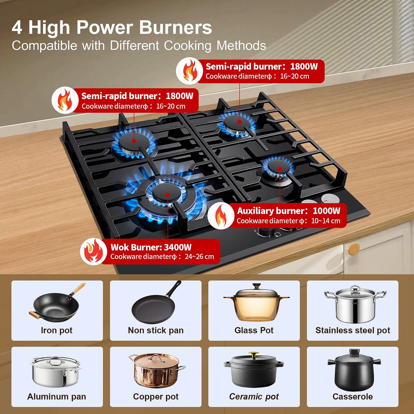 TopStrong Plaque de Cuisson Gaz 4 Feux, 60cm Plaque Gaz 4 Feux avec Supports en Fonte, Encastrable Table de Cuisson, Convertible NG/LPG, Protection Contre la Flamme, Noir Verre