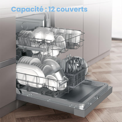 COMFEE' CDWPF1201PS Lave-vaisselle Pose Libre, 60 cm, 12 couverts, départ différé, fonction demi-charge, paniers flexibles - Acier Inoxydable, 49 dB, Commande Bouton