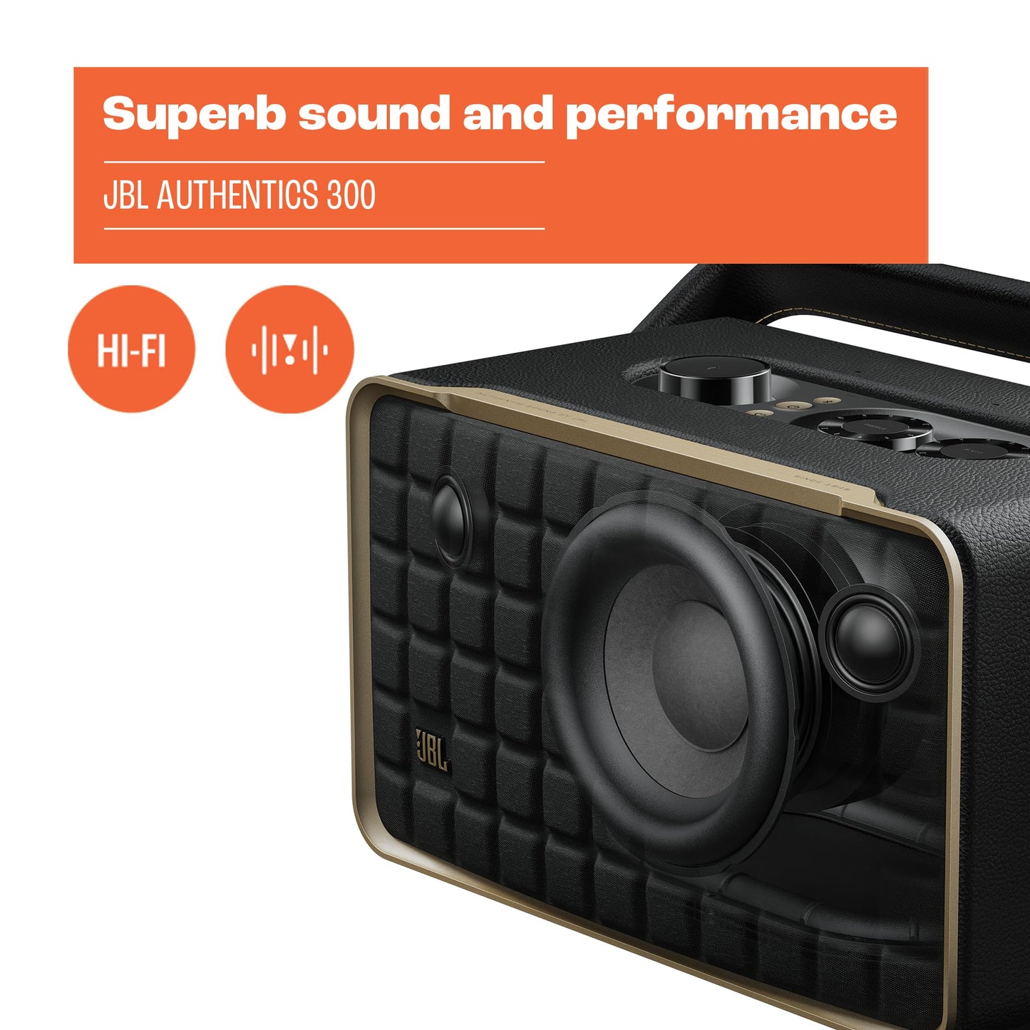 JBL Authentics 300 Enceinte intelligente connectée portable avec WiFi, Bluetooth et assistants vocaux, design rétro, noire